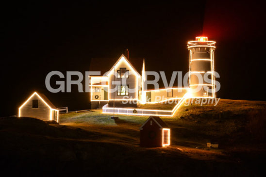 Nubble Lighthouse lit up at night